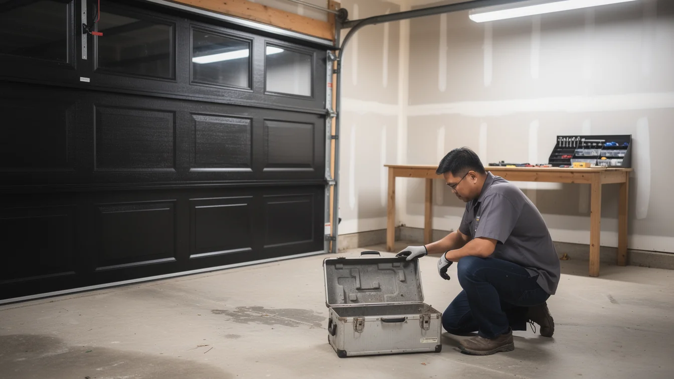 A technician kneels in a garage, opening a toolbox next to a black garage door.