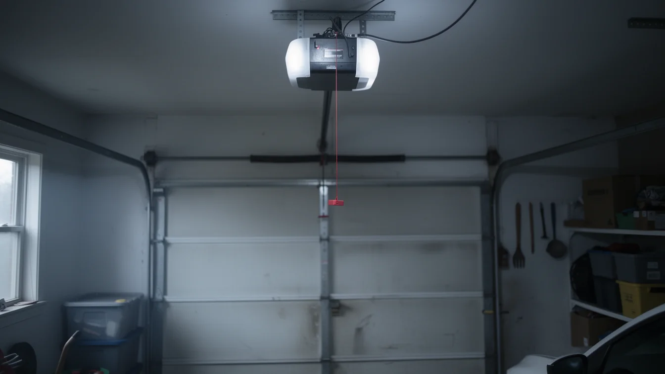 A garage door opener with lights on hangs above a closed garage door.