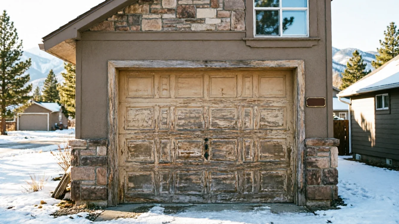 The weathered garage door on a house with stone accents is surrounded by snow.