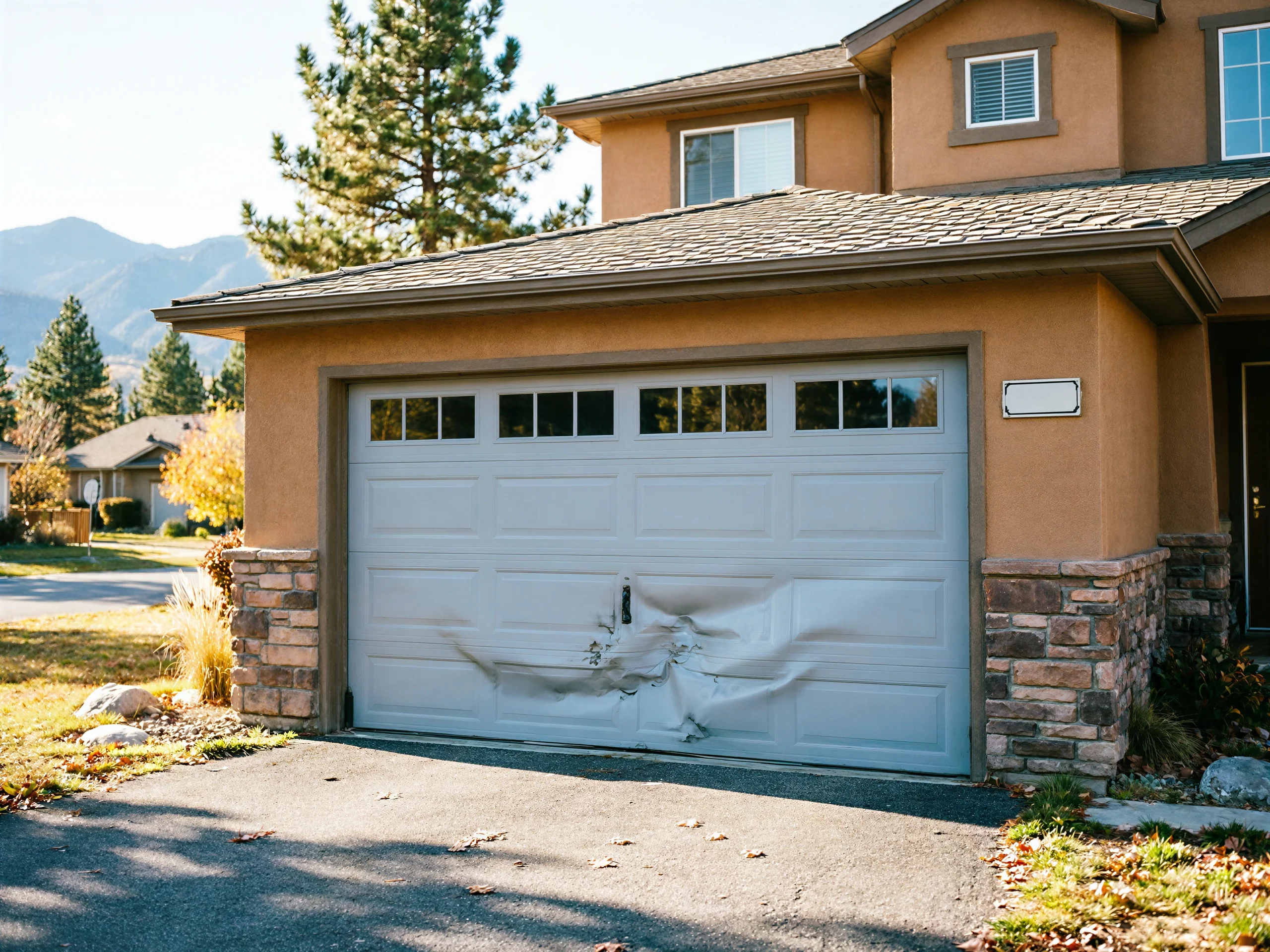 The light gray garage door has a large dent in its lower panels.