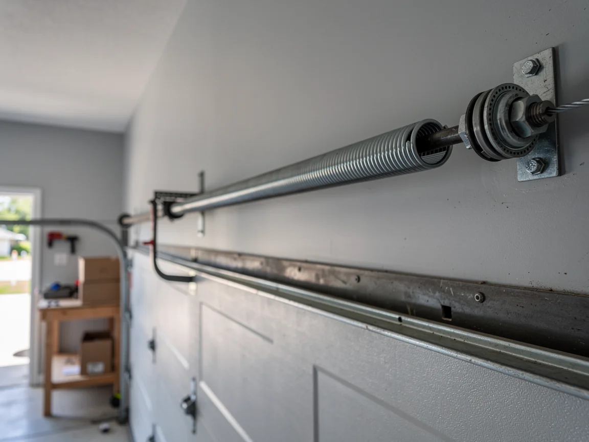 A garage door torsion spring is mounted above a white garage door.