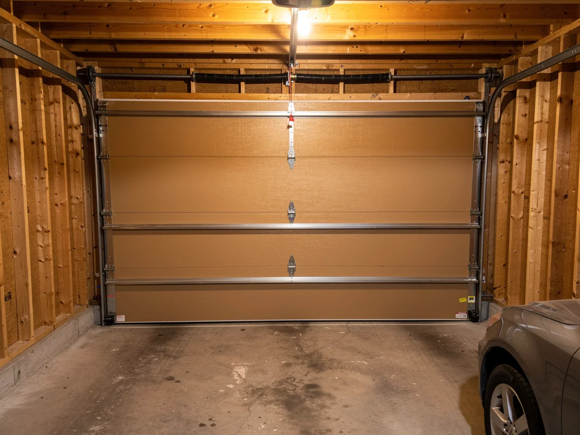 A closed brown garage door is inside a garage with wooden walls and a concrete floor.
