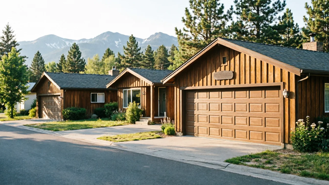 Two brown houses with brown garage doors sit on a street with mountains in the background.